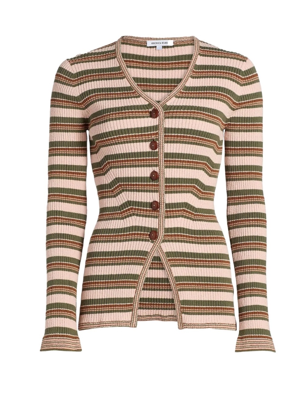 NEW Veronica Beard “Grazia” Striped Button-Front Cardigan - Pink, Olive brown
